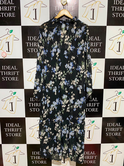 H&M |M| BUST 24| A2| BOHEMIAN BLACK AND BLUE FLORAL TIERED MIDI DRESS WITH TIE NECK