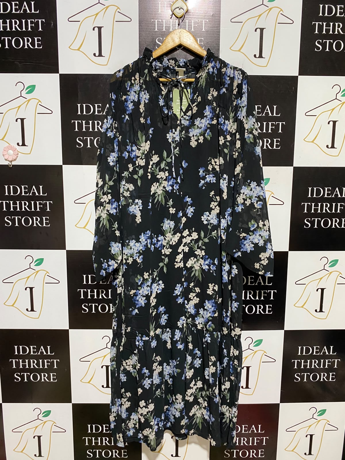 H&M |M| BUST 24| A2| BOHEMIAN BLACK AND BLUE FLORAL TIERED MIDI DRESS WITH TIE NECK