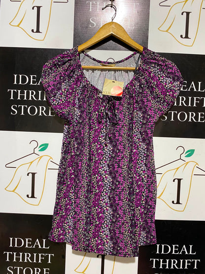 TU |M| BUST 17| A2| VIBRANT PURPLE DITSY FLORAL PRINT SHORT SLEEVE PEASANT TOP