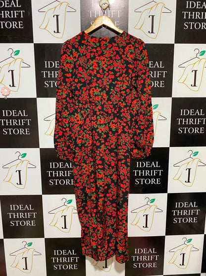 JIM & NORA |L| BUST 18| A2| ELEGANT RED FLORAL PRINT V-NECK MAXI DRESS WITH LONG SLEEVES