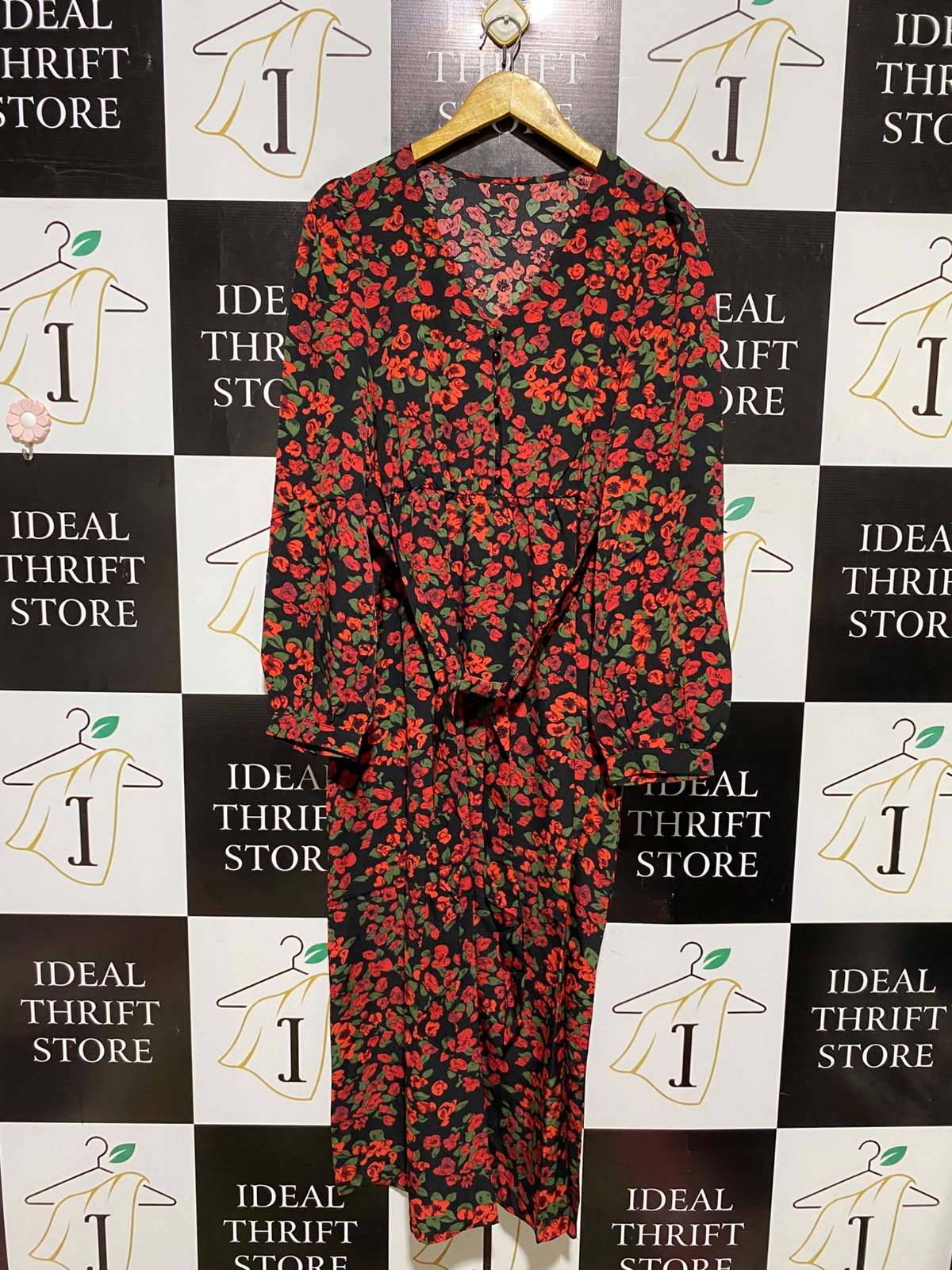 JIM & NORA |L| BUST 18| A2| ELEGANT RED FLORAL PRINT V-NECK MAXI DRESS WITH LONG SLEEVES