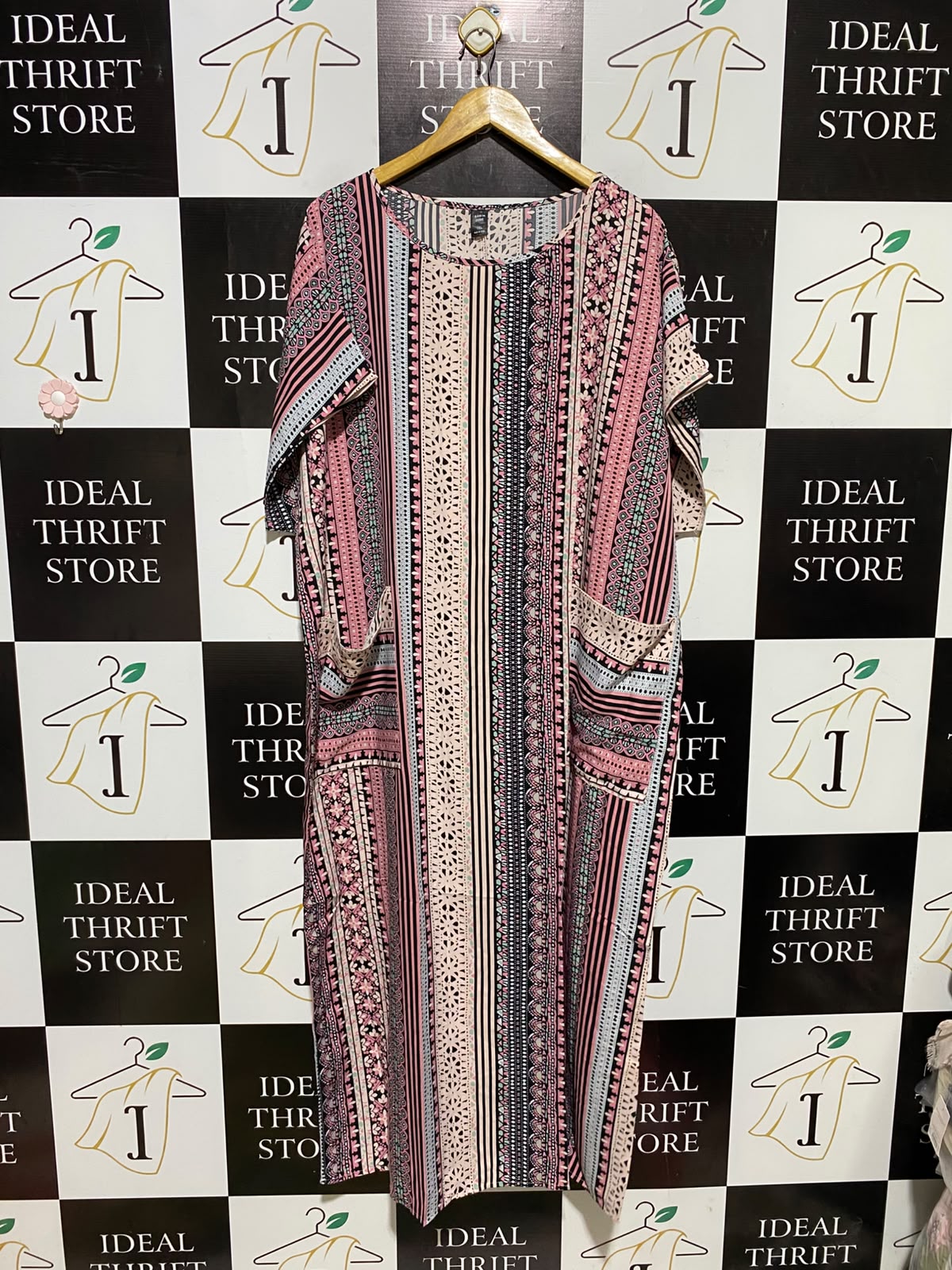 SHEIN CURVE |XL| BUST FREE| A2| BOHEMIAN MULTICOLOR STRIPED PATTERN KAFTAN MAXI DRESS WITH POCKETS