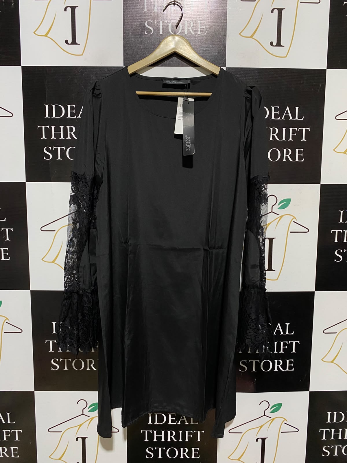ZAN ZEA |L| BUST 20| A2| ELEGANT BLACK SHIFT DRESS WITH INTRICATE LACE BELL SLEEVES