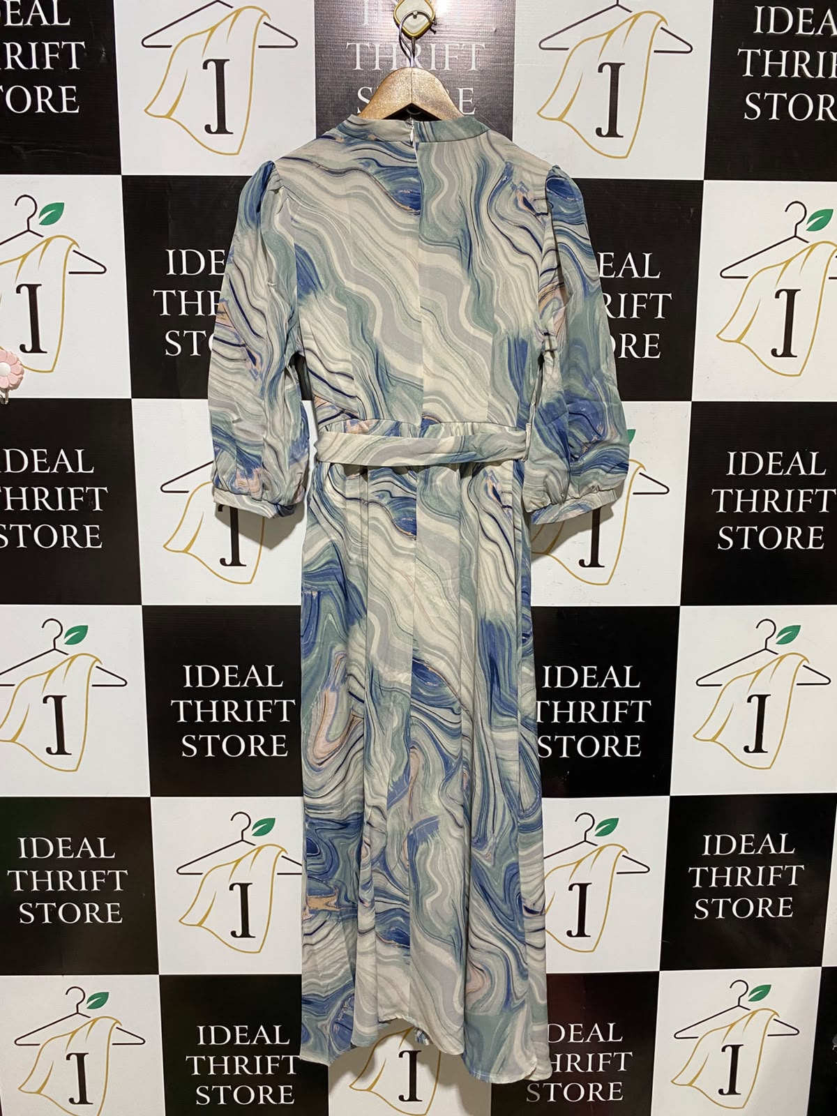 SHEIN |M| BUST 17| A2| CHIC BLUE MARBLE PRINT WRAP-STYLE MAXI DRESS WITH MATCHING WAIST TIE