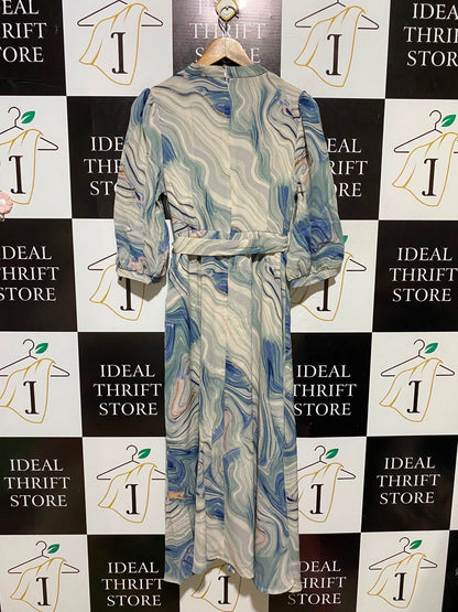SHEIN |M| BUST 17| A2| CHIC BLUE MARBLE PRINT WRAP-STYLE MAXI DRESS WITH MATCHING WAIST TIE