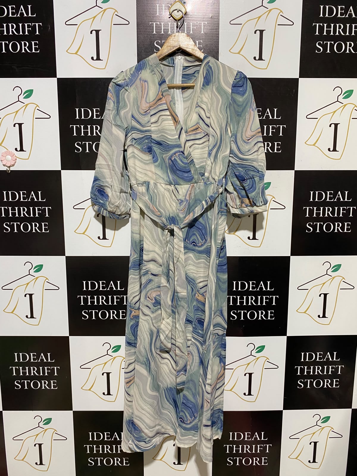 SHEIN |M| BUST 17| A2| CHIC BLUE MARBLE PRINT WRAP-STYLE MAXI DRESS WITH MATCHING WAIST TIE