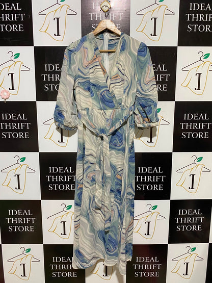 SHEIN |M| BUST 17| A2| CHIC BLUE MARBLE PRINT WRAP-STYLE MAXI DRESS WITH MATCHING WAIST TIE