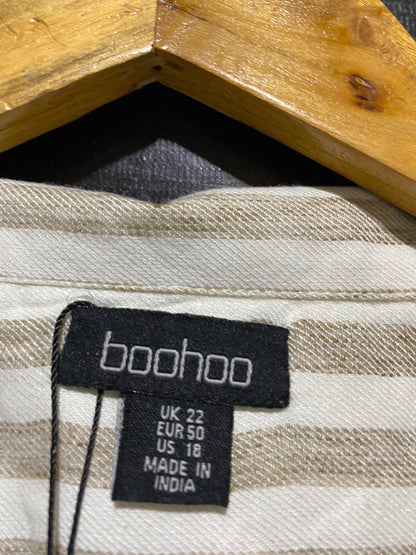 BOOHOO |M| BUST FREE| A2| BEIGE AND WHITE VERTICAL STRIPED COLLARED WRAP BLOUSE WITH LONG SLEEVES