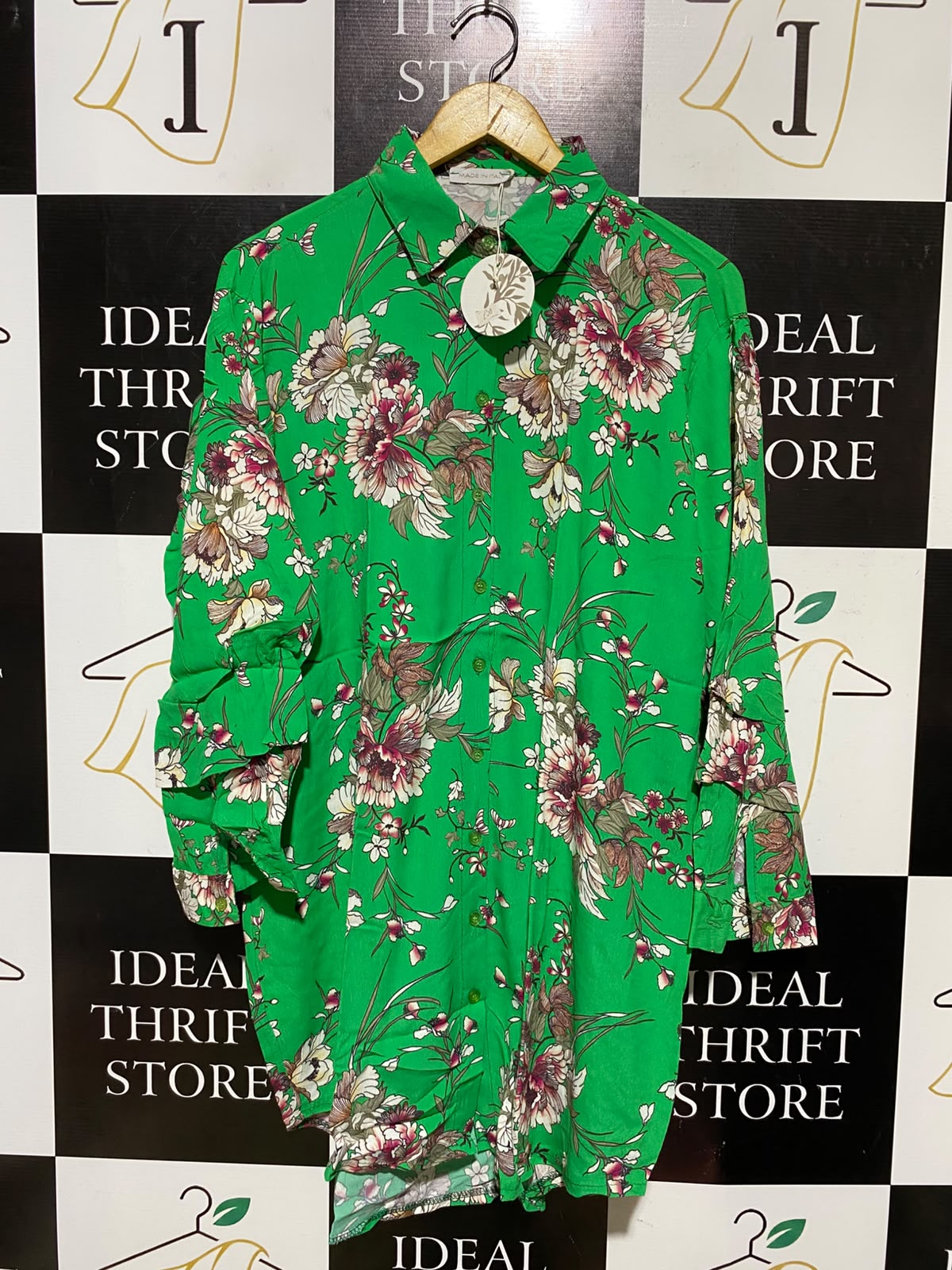 MOMENT |L| BUST 22| A2| VIBRANT EMERALD GREEN FLORAL PRINT BUTTON-DOWN SHIRT DRESS