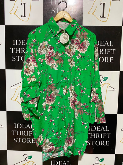 MOMENT |L| BUST 22| A2| VIBRANT EMERALD GREEN FLORAL PRINT BUTTON-DOWN SHIRT DRESS
