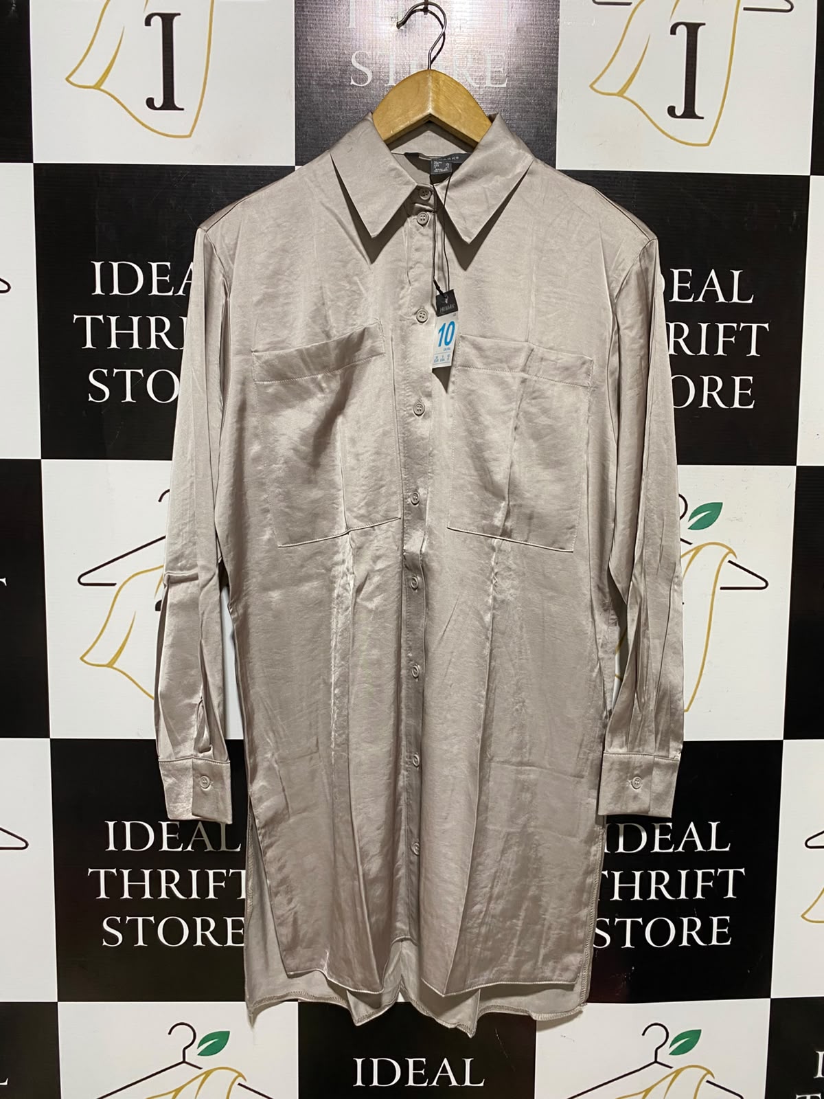 PRIMARK |M| BUST 21| A2| LUXURIOUS CHAMPAGNE SATIN LONG SLEEVE BUTTON-DOWN SHIRT DRESS