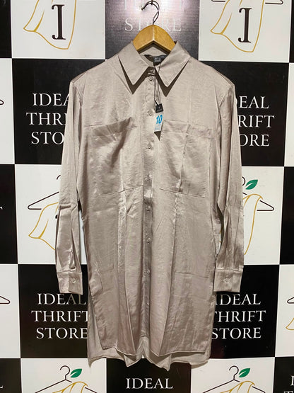 PRIMARK |M| BUST 21| A2| LUXURIOUS CHAMPAGNE SATIN LONG SLEEVE BUTTON-DOWN SHIRT DRESS