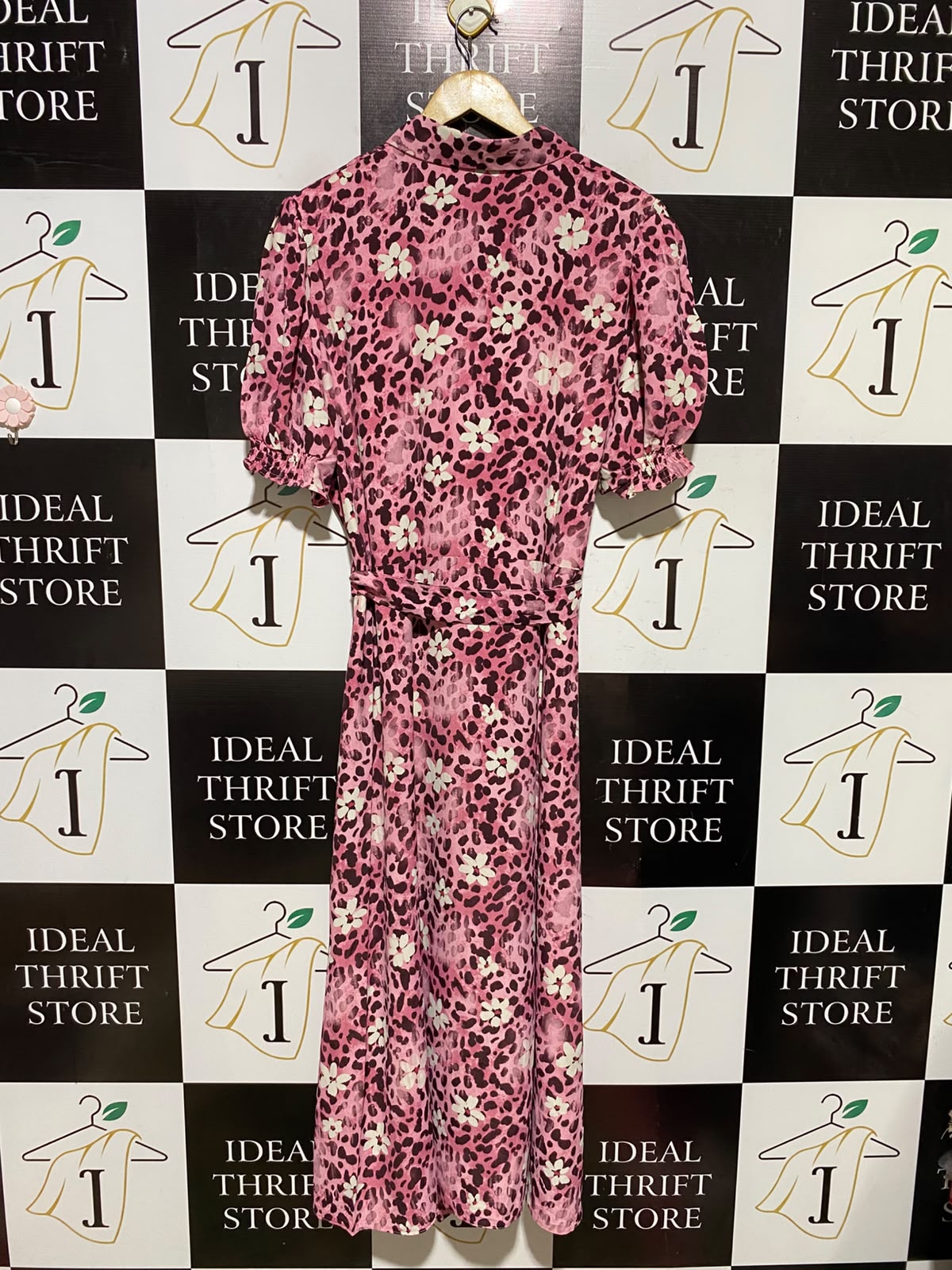 PRIMARK CARES |L| BUST 20| A2| CHIC PINK LEOPARD AND FLORAL PRINT BUTTON-FRONT SHIRT DRESS WITH WAIST TIE