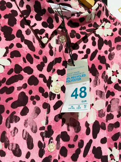 PRIMARK CARES |L| BUST 20| A2| CHIC PINK LEOPARD AND FLORAL PRINT BUTTON-FRONT SHIRT DRESS WITH WAIST TIE