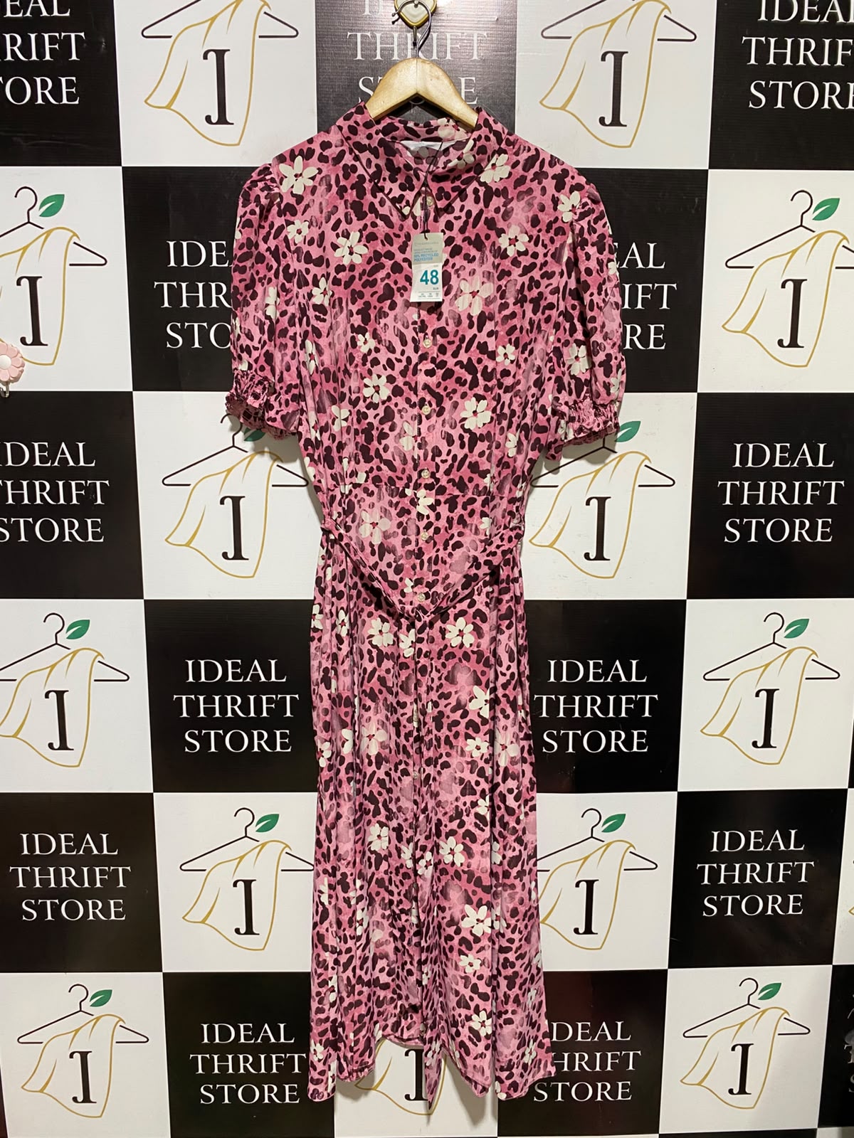 PRIMARK CARES |L| BUST 20| A2| CHIC PINK LEOPARD AND FLORAL PRINT BUTTON-FRONT SHIRT DRESS WITH WAIST TIE