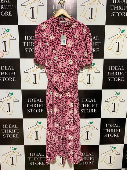 PRIMARK CARES |L| BUST 20| A2| CHIC PINK LEOPARD AND FLORAL PRINT BUTTON-FRONT SHIRT DRESS WITH WAIST TIE