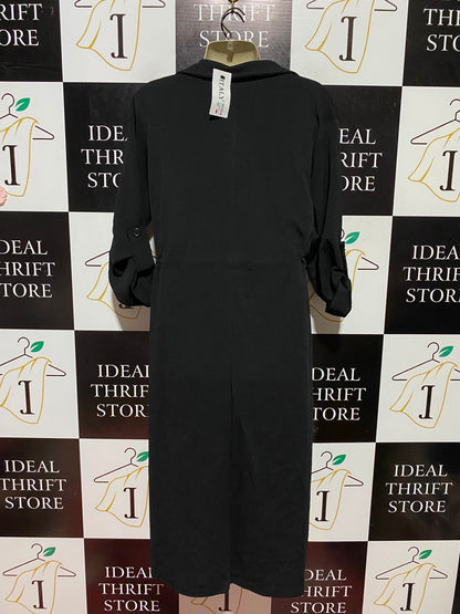 ITALY |L| BUST 21| A2| BLACK LIGHTWEIGHT DRAWSTRING TRENCH DUSTER COAT WITH ROLL-TAB SLEEVES AND POCKETS