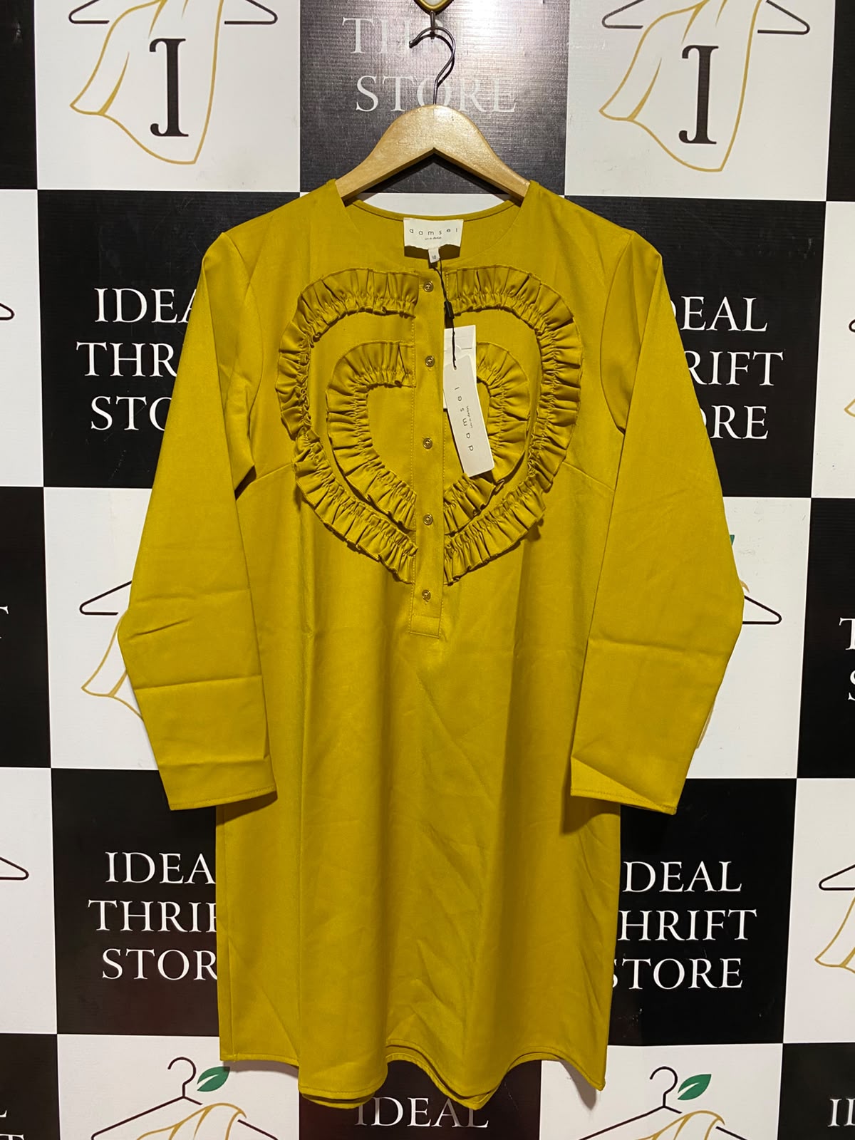 DAMSEL |M| BUST 19| A2| MUSTARD YELLOW DOUBLE HEART RUFFLE MINI SHIFT DRESS