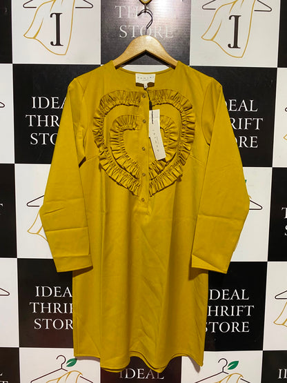 DAMSEL |M| BUST 19| A2| MUSTARD YELLOW DOUBLE HEART RUFFLE MINI SHIFT DRESS