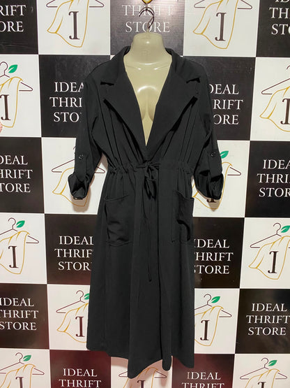 ITALY |L| BUST 21| A2| BLACK LIGHTWEIGHT DRAWSTRING TRENCH DUSTER COAT WITH ROLL-TAB SLEEVES AND POCKETS