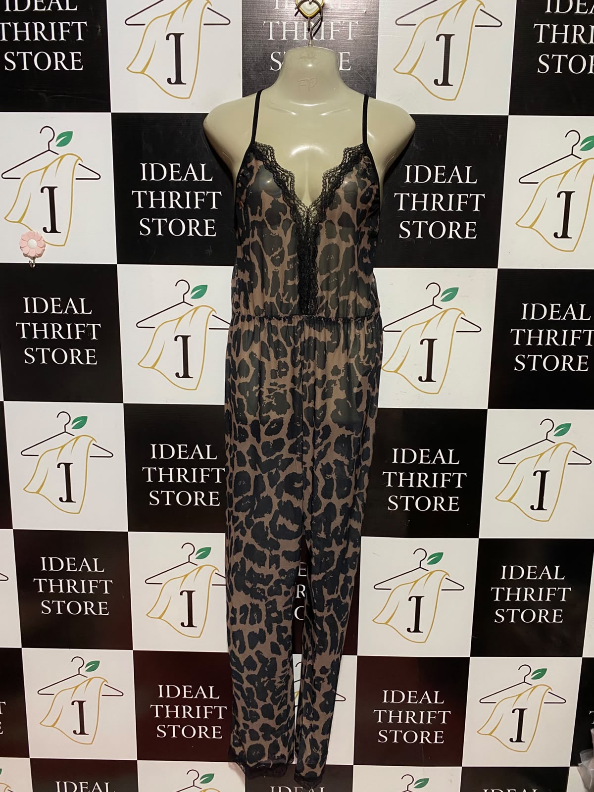 |M| BUST 15| A2| LEOPARD PRINT LACE-TRIM SPAGHETTI STRAP LOUNGEWEAR SLEEP JUMPSUIT