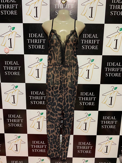 |M| BUST 15| A2| LEOPARD PRINT LACE-TRIM SPAGHETTI STRAP LOUNGEWEAR SLEEP JUMPSUIT