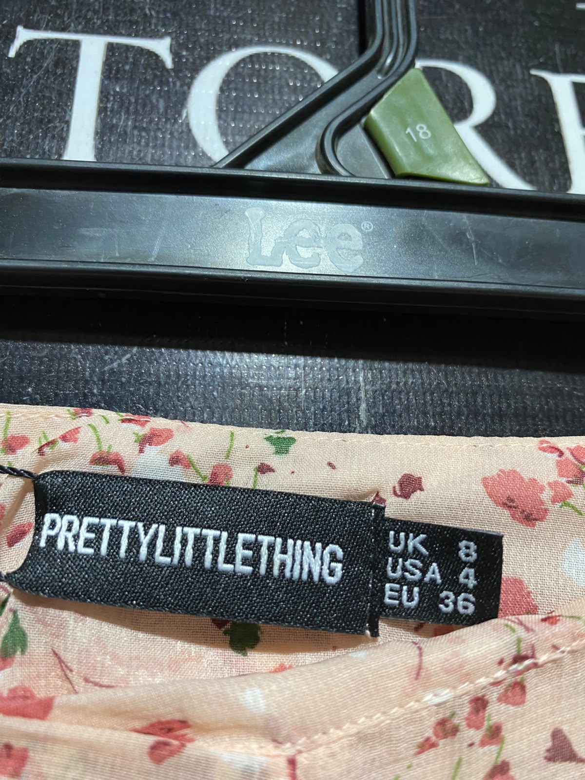 PRETTYLITTLE THING |S| WAIST 25| A2| PEACH FLORAL CHIFFON HIGH-LOW RUFFLE MIDI SKIRT NWT