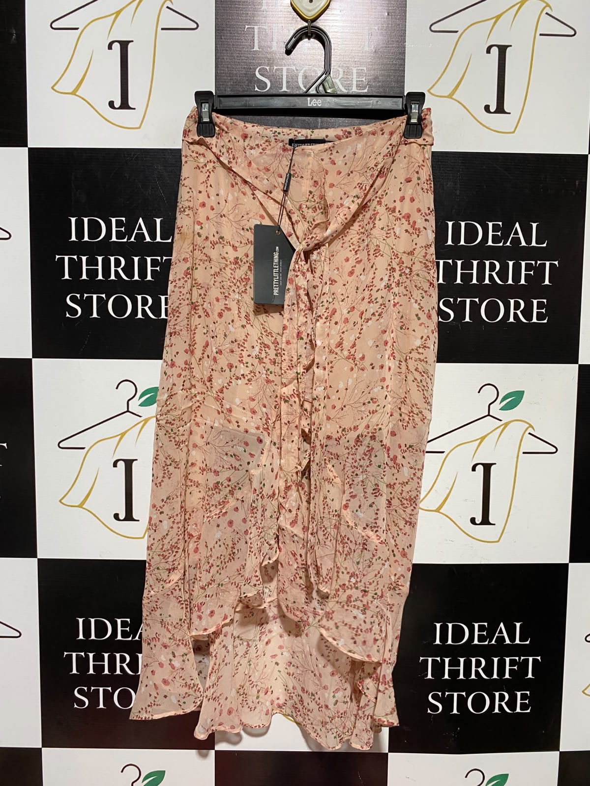 PRETTYLITTLE THING |S| WAIST 25| A2| PEACH FLORAL CHIFFON HIGH-LOW RUFFLE MIDI SKIRT NWT