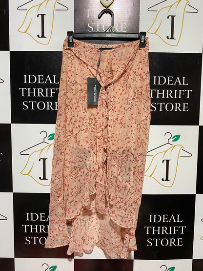 PRETTYLITTLE THING |S| WAIST 25| A2| PEACH FLORAL CHIFFON HIGH-LOW RUFFLE MIDI SKIRT NWT