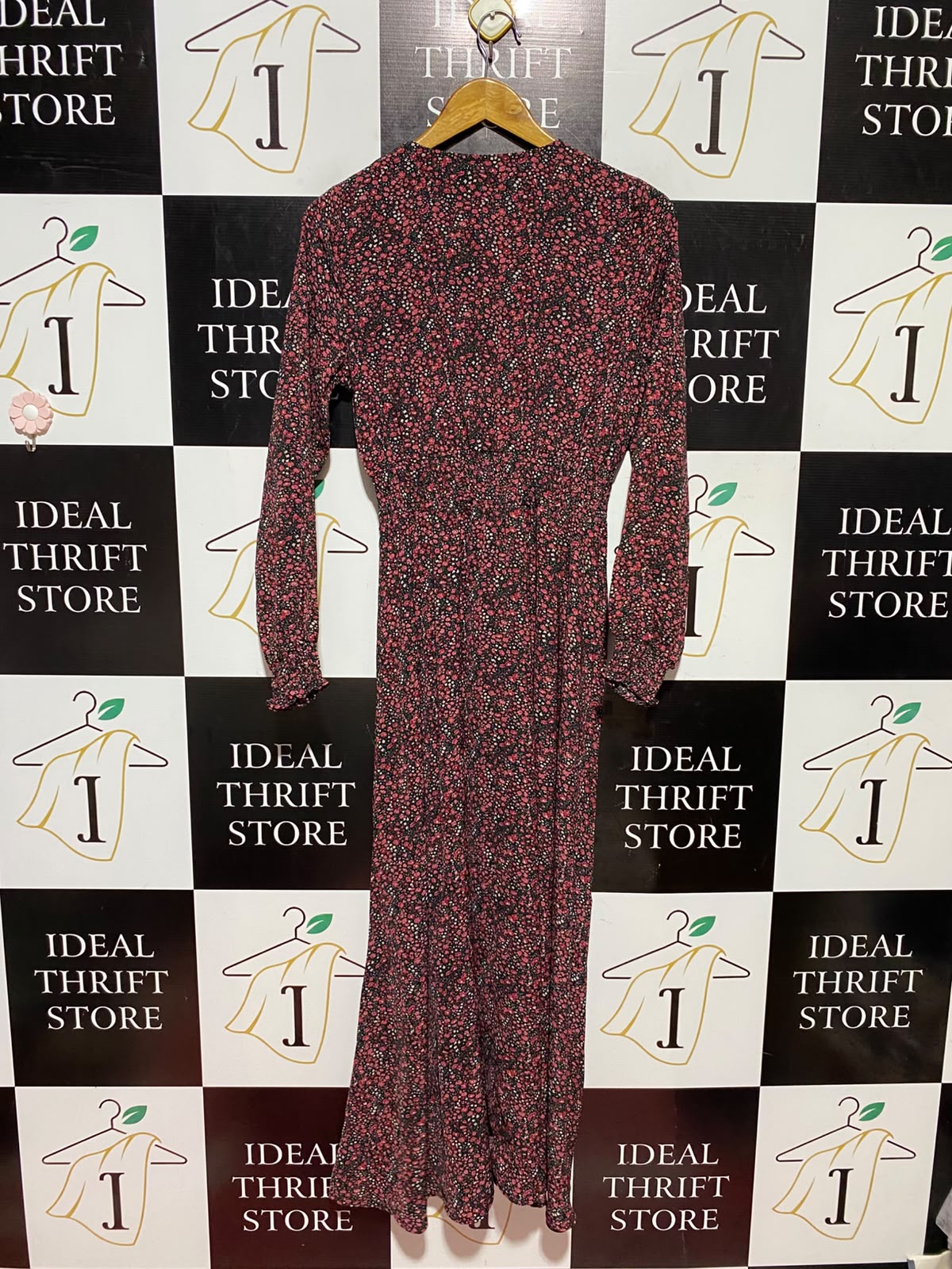 SHEIN |S| BUST 17| A2| RED AND BLACK DITSY FLORAL V-NECK LONG SLEEVE MAXI DRESS WITH SMOCKED WAIST