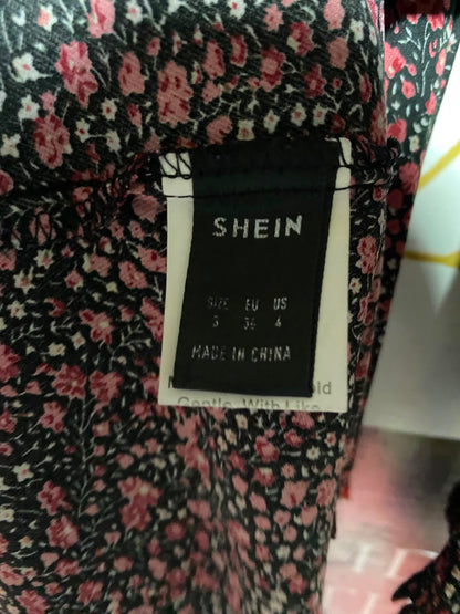 SHEIN |S| BUST 17| A2| RED AND BLACK DITSY FLORAL V-NECK LONG SLEEVE MAXI DRESS WITH SMOCKED WAIST