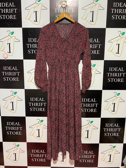 SHEIN |S| BUST 17| A2| RED AND BLACK DITSY FLORAL V-NECK LONG SLEEVE MAXI DRESS WITH SMOCKED WAIST