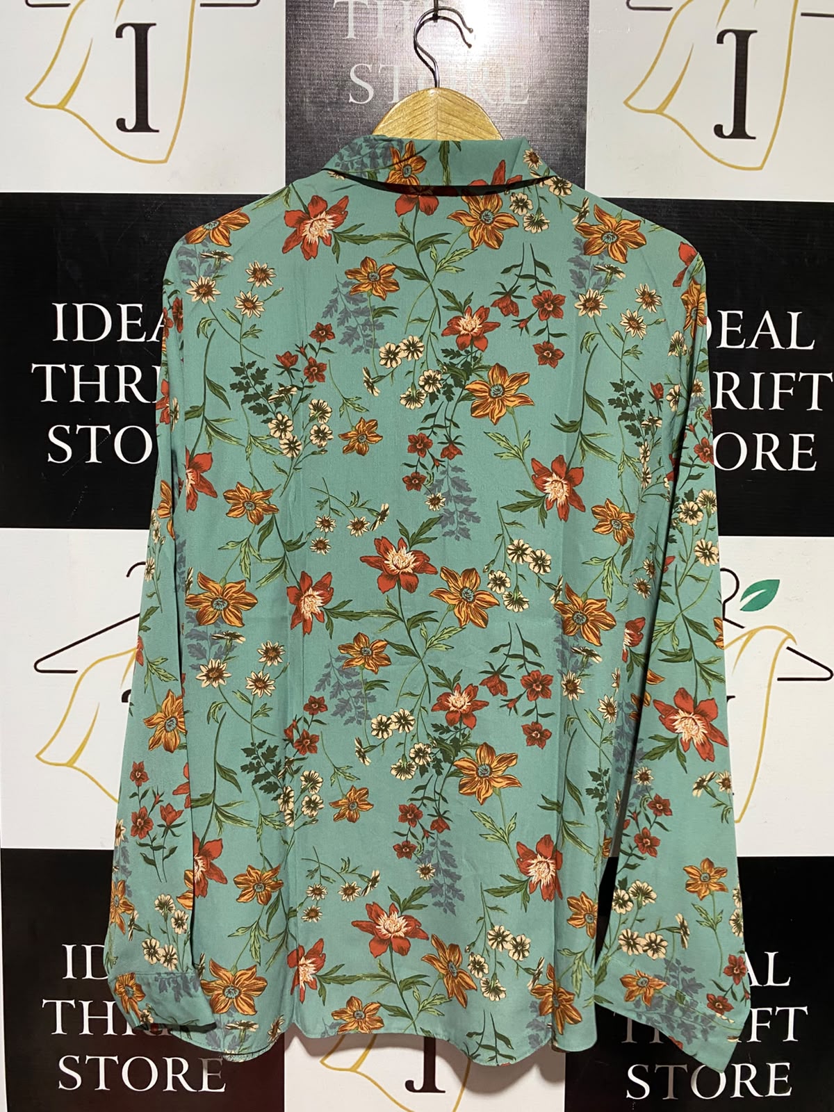 PRIMARK |L| BUST 23| A2| SAGE GREEN BOTANICAL FLORAL PRINT LONG SLEEVE BUTTON-DOWN BLOUSE