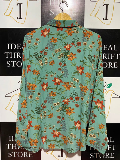 PRIMARK |L| BUST 23| A2| SAGE GREEN BOTANICAL FLORAL PRINT LONG SLEEVE BUTTON-DOWN BLOUSE
