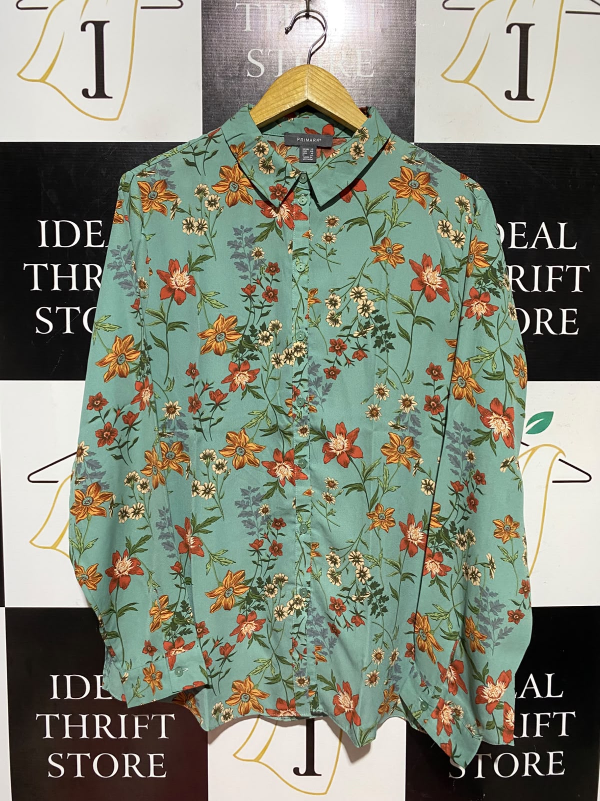 PRIMARK |L| BUST 23| A2| SAGE GREEN BOTANICAL FLORAL PRINT LONG SLEEVE BUTTON-DOWN BLOUSE