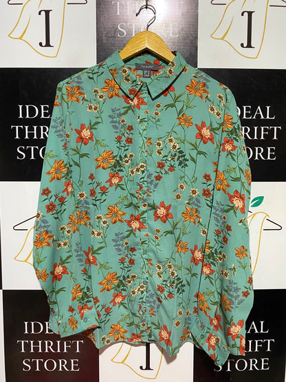PRIMARK |L| BUST 23| A2| SAGE GREEN BOTANICAL FLORAL PRINT LONG SLEEVE BUTTON-DOWN BLOUSE