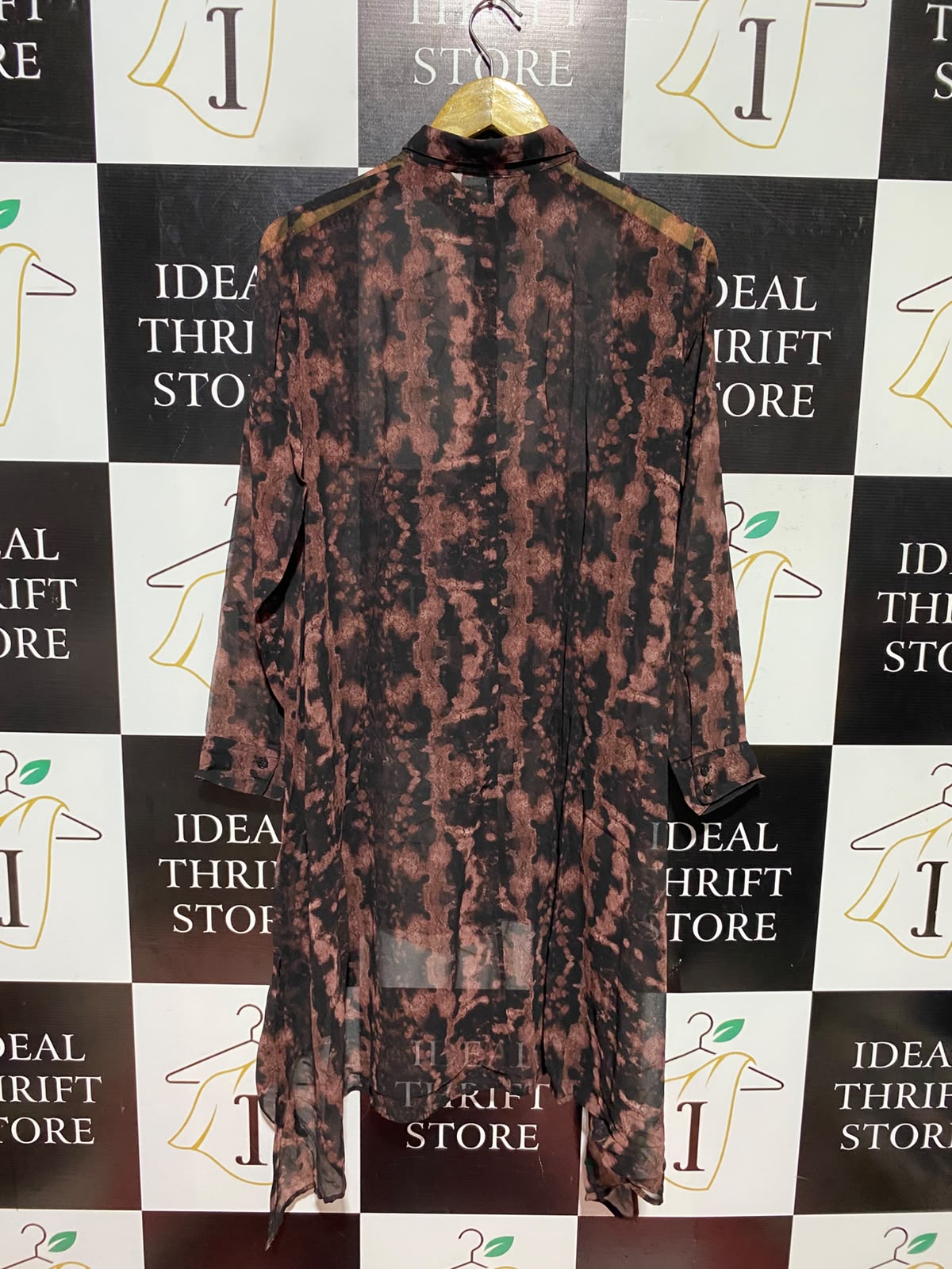 H&M DIVIDED |M| BUST 19| A2| BLACK AND BROWN ABSTRACT PRINT HIGH-LOW BUTTON-DOWN SHIRT DRESS TUNIC