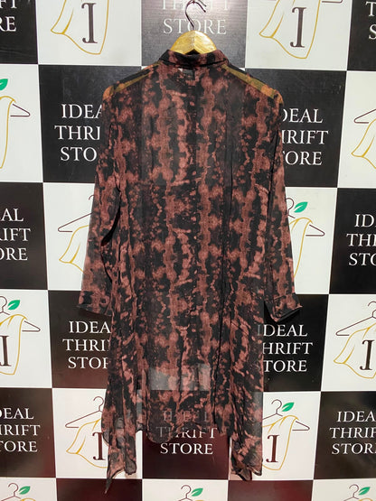 H&M DIVIDED |M| BUST 19| A2| BLACK AND BROWN ABSTRACT PRINT HIGH-LOW BUTTON-DOWN SHIRT DRESS TUNIC