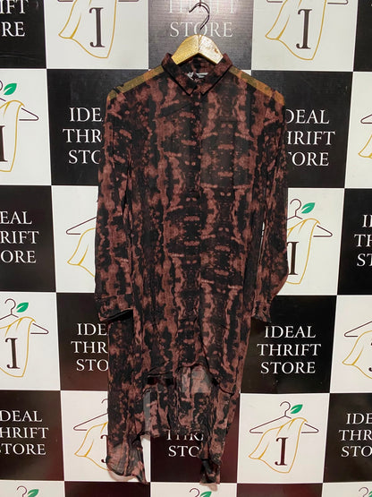 H&M DIVIDED |M| BUST 19| A2| BLACK AND BROWN ABSTRACT PRINT HIGH-LOW BUTTON-DOWN SHIRT DRESS TUNIC