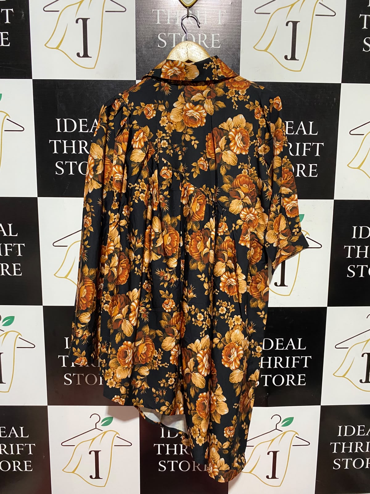 |L| BUST 20| A2| BLACK AND ORANGE FLORAL PRINT GATHERED BABYDOLL COLLARED SHIRT DRESS TUNIC