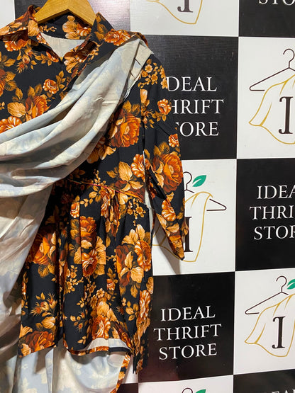 |L| BUST 20| A2| BLACK AND ORANGE FLORAL PRINT GATHERED BABYDOLL COLLARED SHIRT DRESS TUNIC