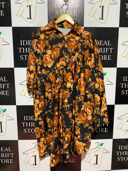 |L| BUST 20| A2| BLACK AND ORANGE FLORAL PRINT GATHERED BABYDOLL COLLARED SHIRT DRESS TUNIC