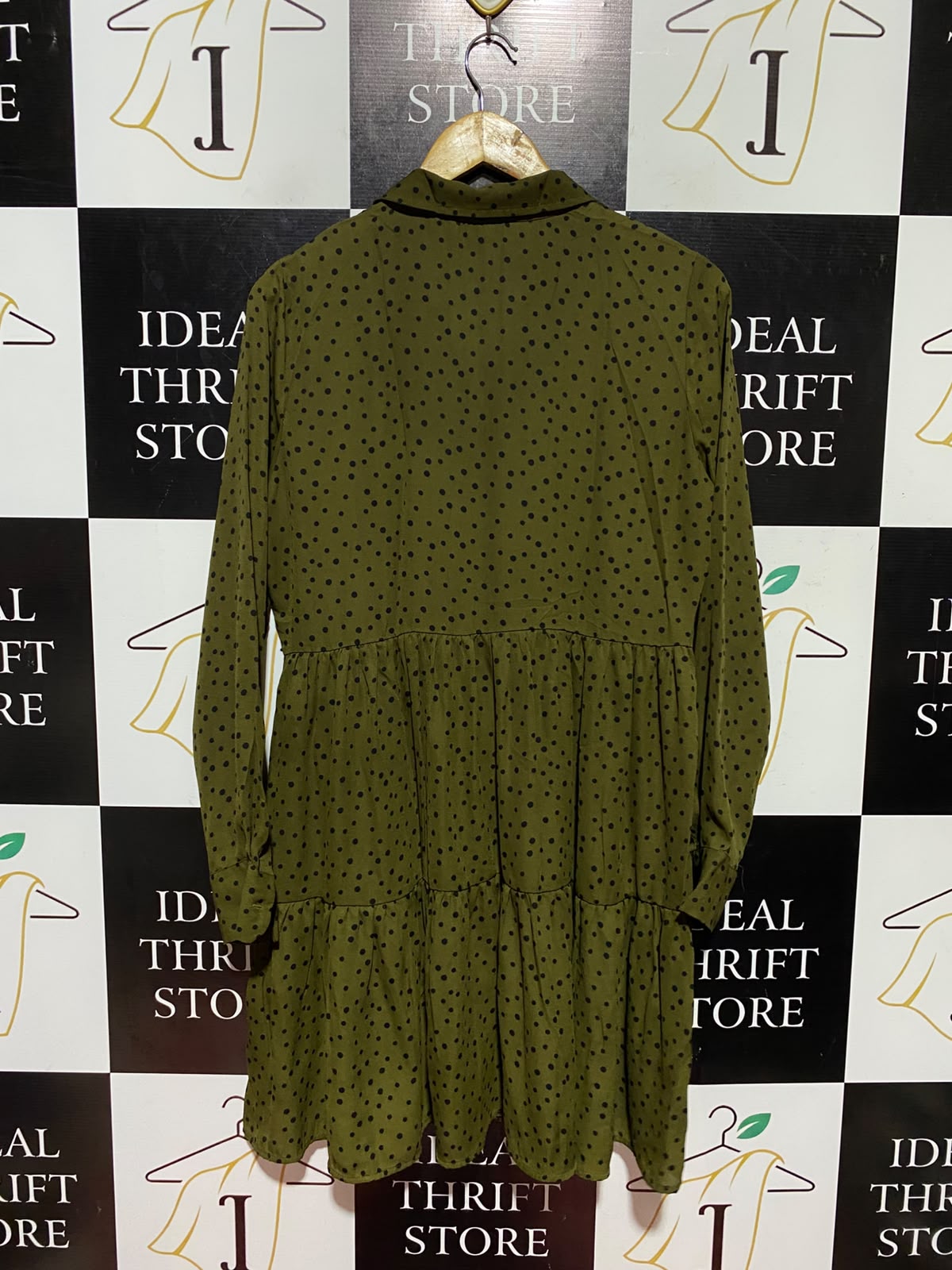F&F |M| BUST 19| A2| OLIVE GREEN POLKA DOT TIERED LONG SLEEVE SHIRT DRESS