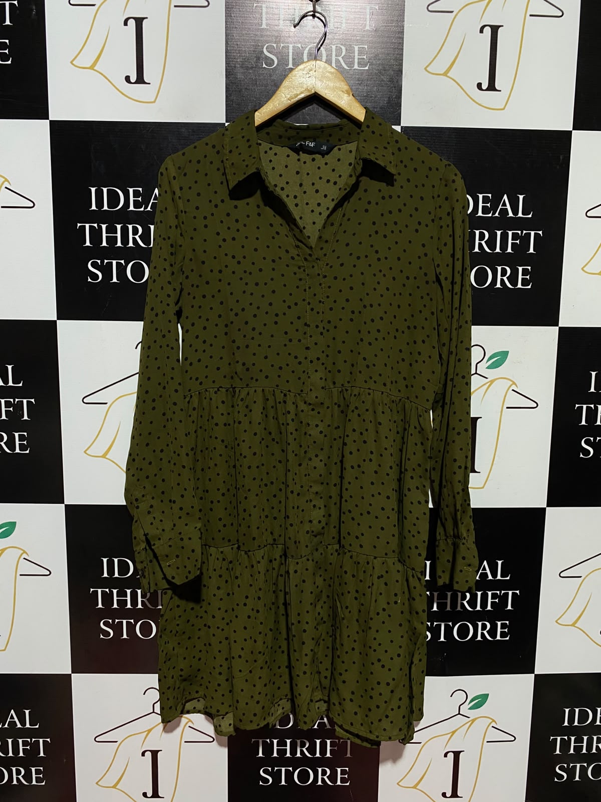 F&F |M| BUST 19| A2| OLIVE GREEN POLKA DOT TIERED LONG SLEEVE SHIRT DRESS