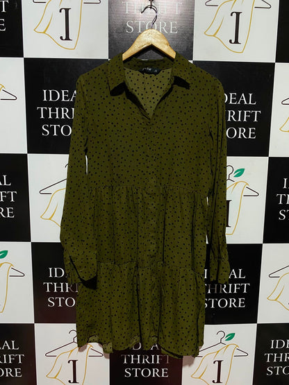 F&F |M| BUST 19| A2| OLIVE GREEN POLKA DOT TIERED LONG SLEEVE SHIRT DRESS