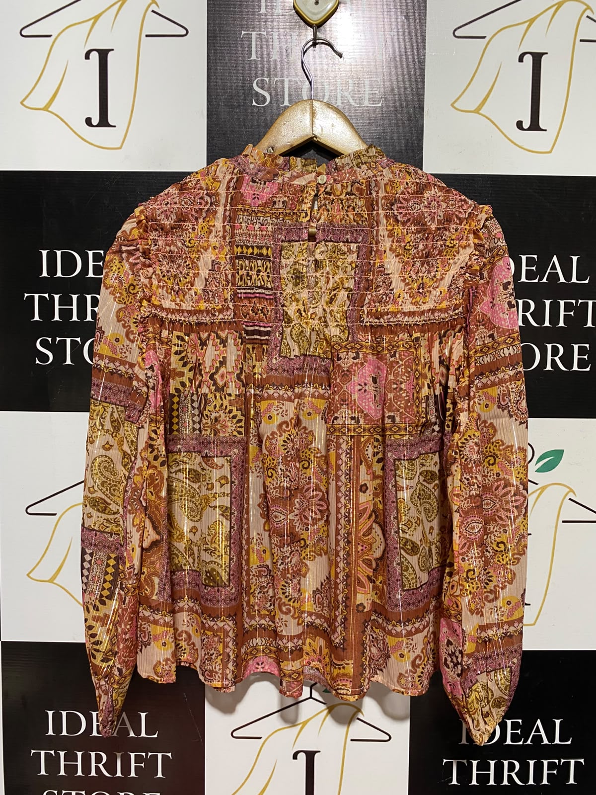 RIVER ISLAND |M| BUST 20| A2| BOHEMIAN METALLIC STRIPE PAISLEY SMOCKED LONG SLEEVE BLOUSE