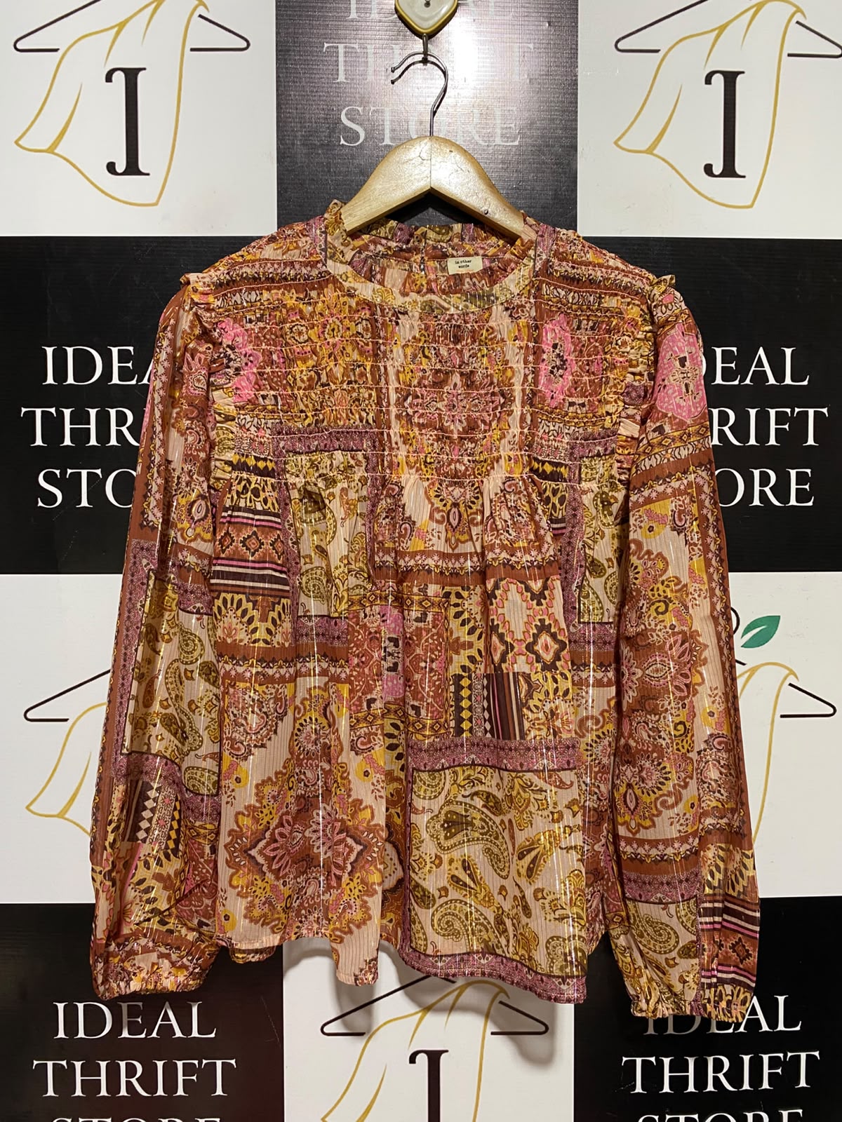 RIVER ISLAND |M| BUST 20| A2| BOHEMIAN METALLIC STRIPE PAISLEY SMOCKED LONG SLEEVE BLOUSE
