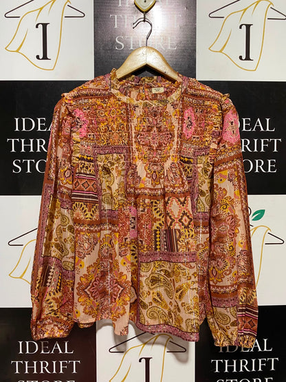 RIVER ISLAND |M| BUST 20| A2| BOHEMIAN METALLIC STRIPE PAISLEY SMOCKED LONG SLEEVE BLOUSE