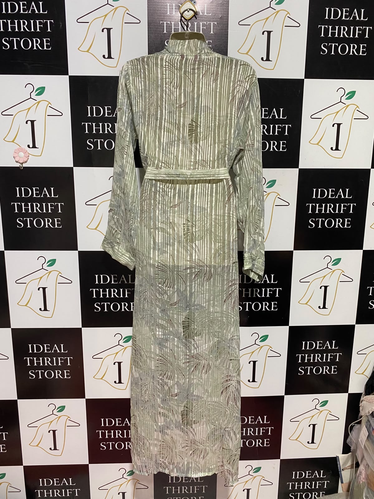AF |L| BUST 21| A2| SAGE GREEN TROPICAL BOTANICAL METALLIC STRIPE MAXI ROBE DUSTER KIMONO WITH BELT