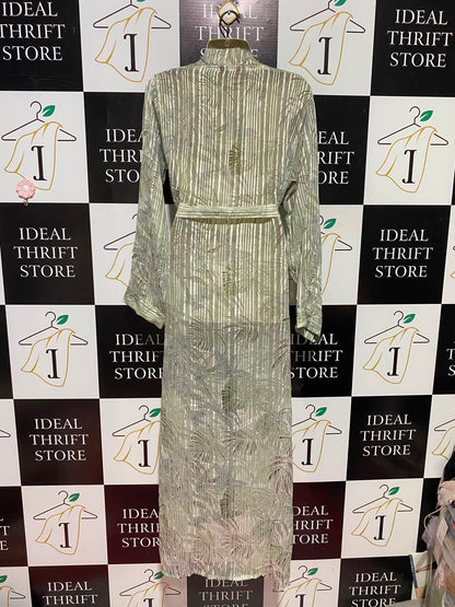 AF |L| BUST 21| A2| SAGE GREEN TROPICAL BOTANICAL METALLIC STRIPE MAXI ROBE DUSTER KIMONO WITH BELT